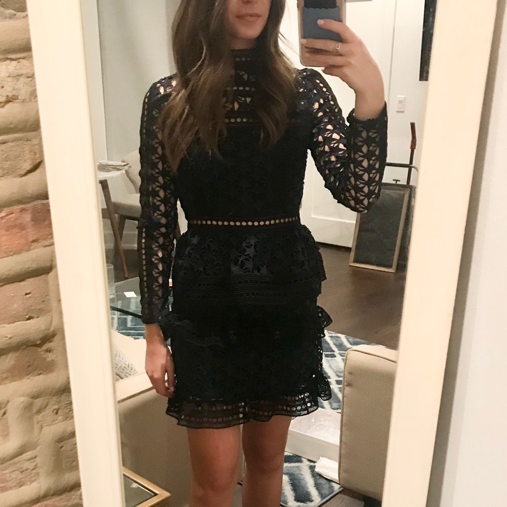 Self-Portrait Black Long-Sleeve Lace Mini Dress